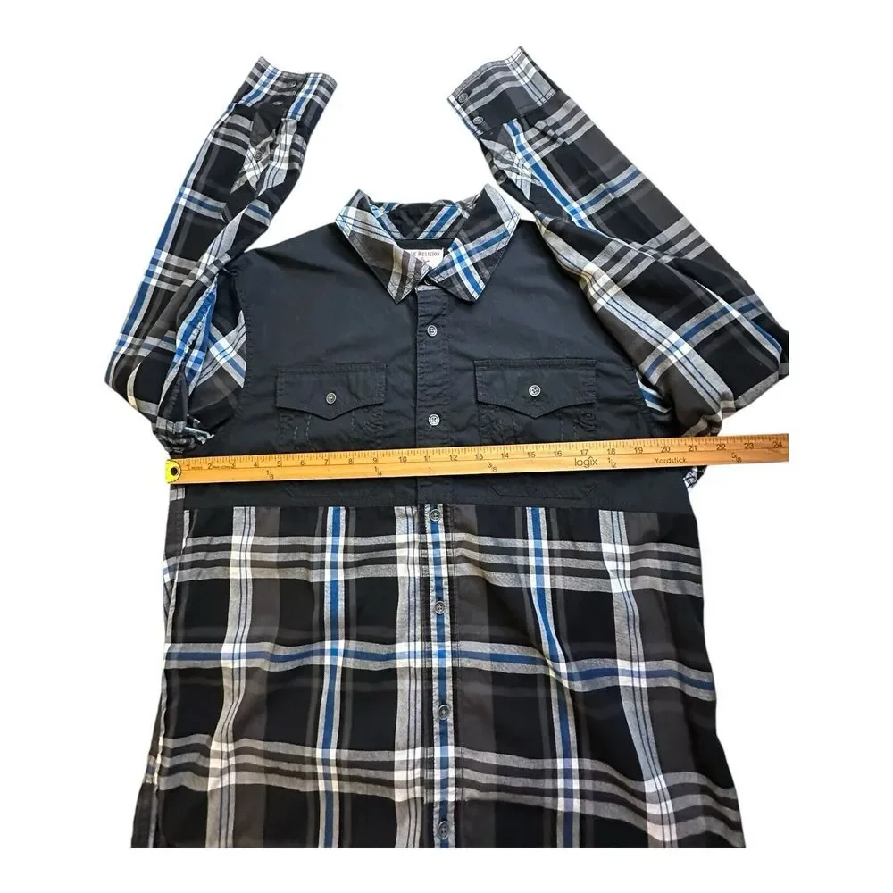 True Religion Shirt Mens‎ Medium Utility Flap Pocket Button Up Plaid Long Sleeve
